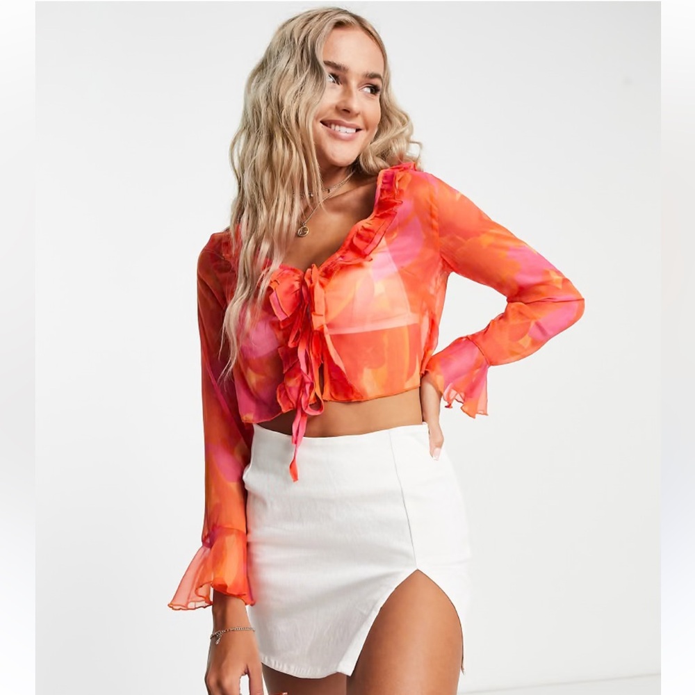 Stradivarius Orange and Pink Sheer Blouse